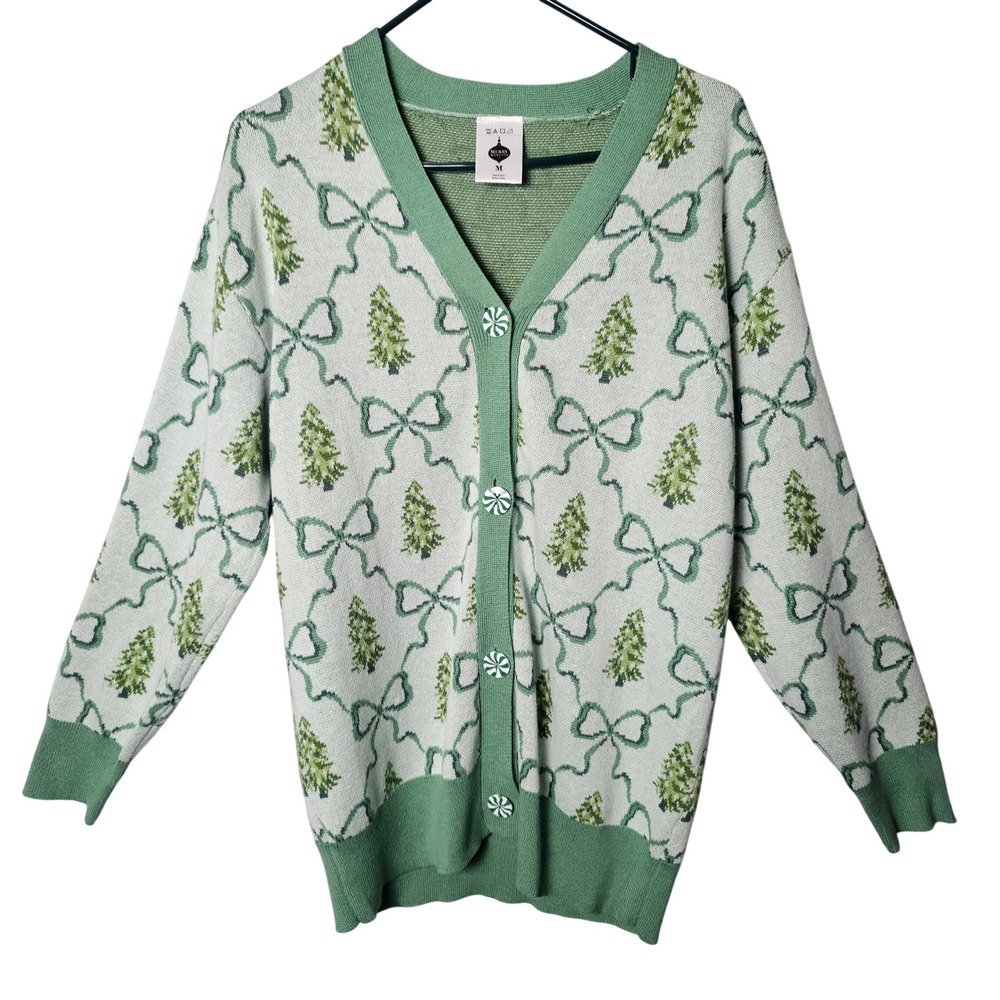 Merry Moments Aldi Womens Tree Bow Cardigan M Green Christmas Coquette Holiday